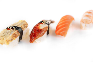 Isolated nigiri  Sushi set. White background.