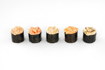 Gunkan sushi set seaffod isolated on white background.
