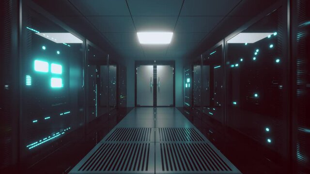 Endless flight along server blocks. Data center and internet. Server rooms with working flickering panels behind the glass. Technology corridor. Seamless loop 3d render