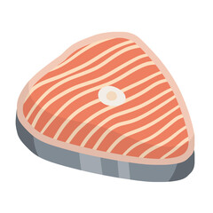 Piece of red salmon fish meat with pink stripe. Raw Seafood. The cut off part. Slices with grey skin. Kitchen and meal element. Cartoon illustration. Food for Cooking sushi