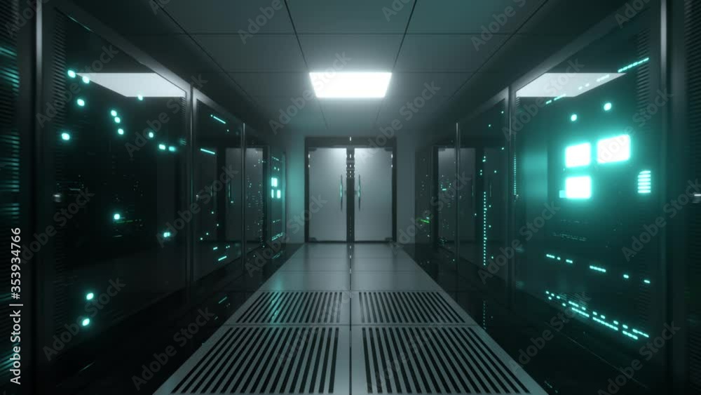 Poster endless flight on server blocks. data center and internet with opening doors. server rooms with work