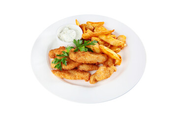 Chicken nuggets with French fries. An isolated object.Top view.