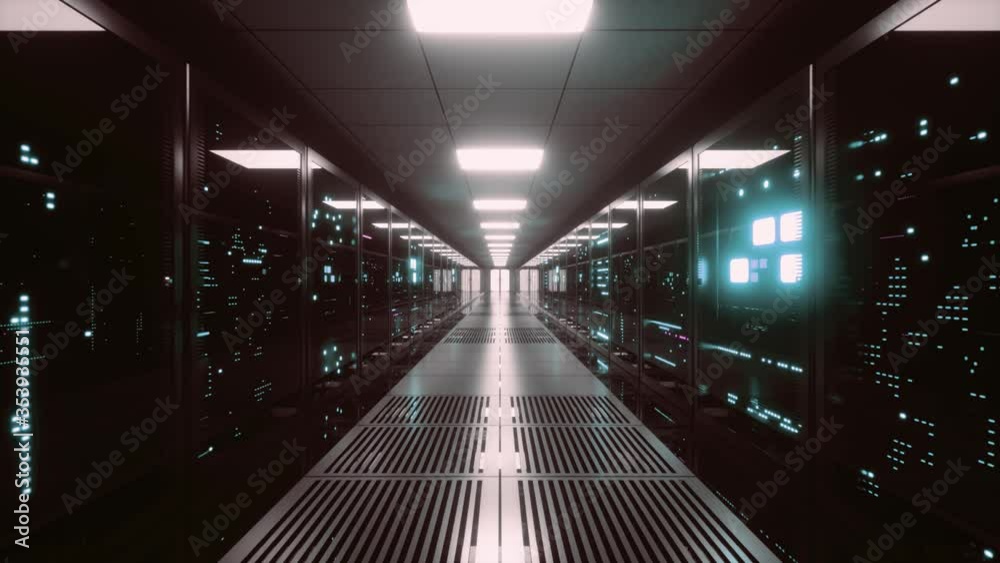 Poster big data servers. data solutions. server room with working flickering panels behind the glass. data 