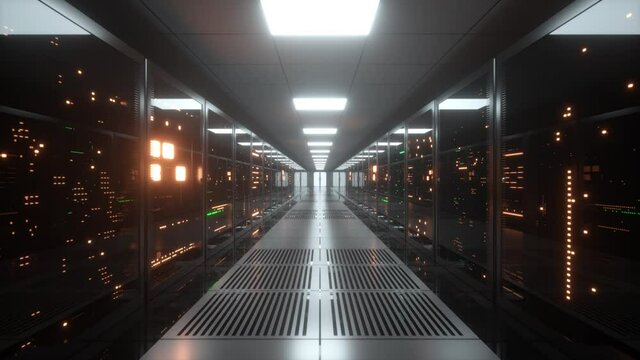 Big data servers. Data Solutions. Server room with working flickering panels behind the glass. Data center and internet. Dolly zoom effect