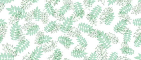 Green leaves seamless background on white background. Vector illustration.