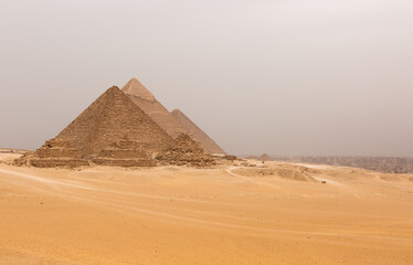 Fototapeta na wymiar The Menkaure, Khafre, and Khufu pyramids, Giza