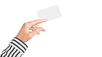 female hand holds a blank business card, cutaway, blank menu, discount card in white background...