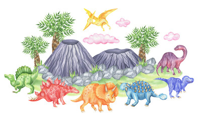 Illustration of a world of dinosaurs