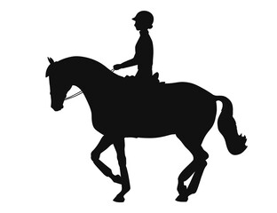 Black silhouette of a rider and her horse in piaffe