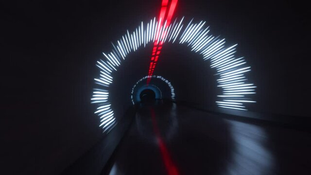 Ultra-fast abstract flight in a tunnel with rough roads and bright neon lights. Seamless loop 3d render