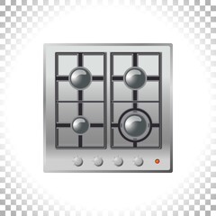 Surface of silver gas hob. Top view of stove. Modern cooker isolated on transparent background. Kitchen appliance concept. Vector illustration.