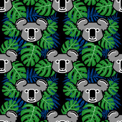 Koala seamless pattern. Koala and tropical flowers. Tropical textiles.