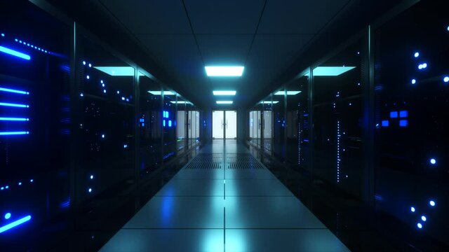 Big data servers. Data Solutions. Server room with working flickering panels behind the glass. Data center and internet.