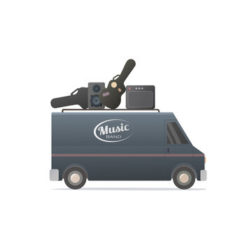 Music Band Van. Concert Tour. Vector Flat Illustration. Isolated On White Background. 