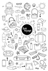 Bon voyage. Doodle set of vector linear travel pictures. Travel concept on a white background - things and clothes, luggage, luggage - everything for a vacation on the sea and the beach. All scribbles