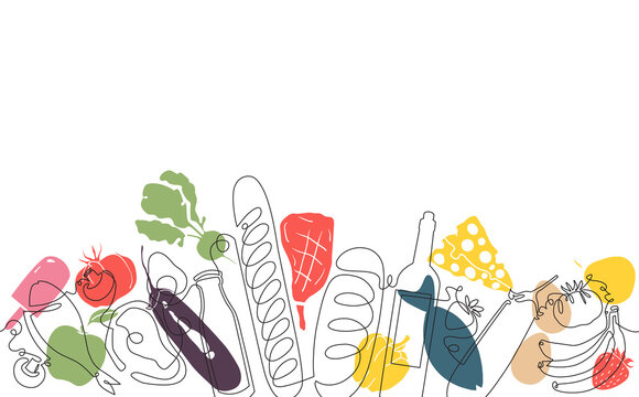 Background with  Food. Pattern with Vegetables, Fruits, Meat and Bakery Products. Continuous drawing style. Vector illustration.