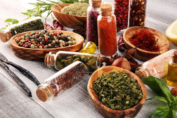 Spices and herbs on table. Food and organic cuisine ingredients.