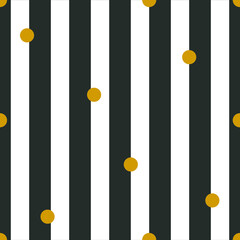 Modèle sans couture de confettis or Illustration vectorielle Confettis ronds dorés sur fond de rayures verticales noires et blanches