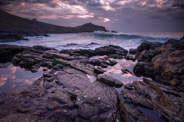 Looking towards cape cornwall from porthledden at sunset blue hour 