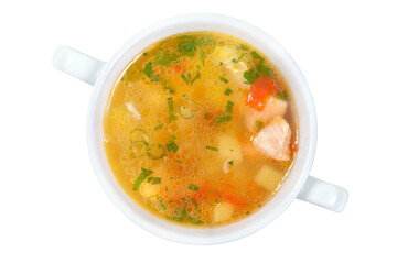 fish soup with salmon isolated on white background