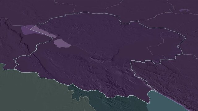 Mbeya, region with its capital, zoomed and extruded on the administrative map of Tanzania in the conformal Stereographic projection. Animation 3D