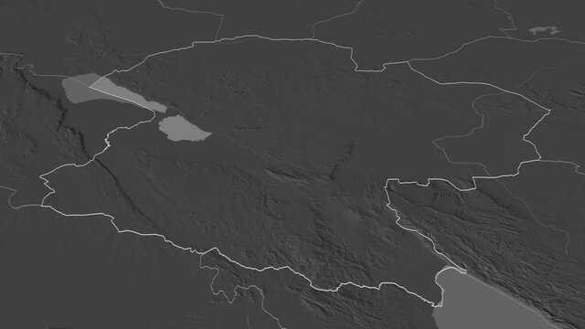Mbeya, region with its capital, zoomed and extruded on the bilevel map of Tanzania in the conformal Stereographic projection. Animation 3D