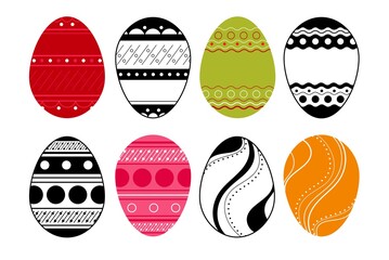 Easter eggs vector icons set. Color and black and white decorative icons for Easter products. Contour minimalistic and color flat image. Pictures for packaging, textiles and backgrounds.