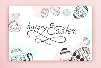 Congratulatory banner for the celebration of Easter. Vector spring greeting card with decorative eggs. Flat minimalistic image in pastel colors. Contour icons of easter eggs with ornament. 