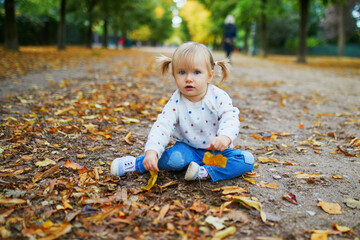 Adorable cheerful toddler girl with pigtails gathering yellow autumn leaves in park