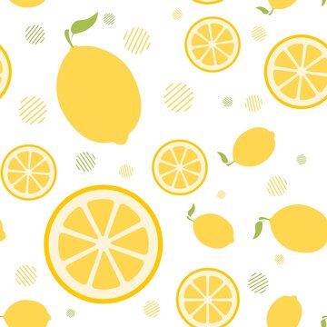 Vector seamless pattern with whole lemons and slices on a white background. Bright summer pattern. Picture for packaging. Sour tropical fruit. Flat minimalistic lemon with a stem and leaf.