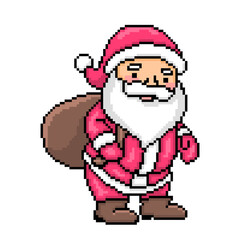Pixel art Santa Claus with a bag of gifts isolated on white background. 8 bit Christmas character. Winter holiday clipart. Old school vintage retro 80s, 90s slot machine/video game graphics.