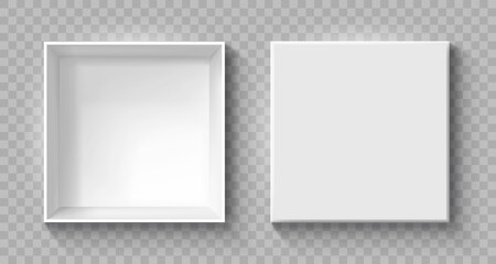 Open and close gift boxes, white square box top view, container mockup, empty carton package, realistic paper box - stock vector