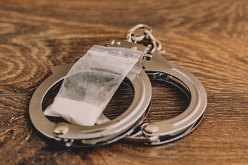 A package with white powder lies on steel handcuffs on a wooden background. Close-up. 