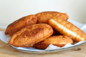 Close-up of deep-fried patties. Homemade bakery. on a wooden table