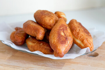 Close-up of deep-fried patties. Homemade bakery. on a wooden table