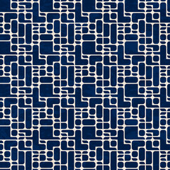 Abstract geometric grid pattern, design in ink blue and white colors, textured seamless vector illustration