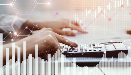 Savings, finances and economy. Businesswoman using calculator at workplace, collage with graphs and diagrams