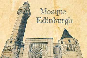 Edinburgh Central Mosque, Scotland, sketch on old paper