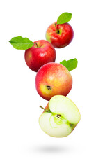 Red apples with green leaves fly on a white background. Apples isolated on a white background.