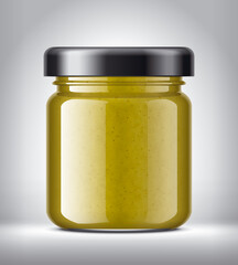 Glass Jar with Mustard on Background. 