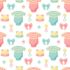 Vector abstract seamless background with bow, hat, rattle, dummy, bodysuit. Colorful endless pattern. Great for kids design: paper, card, wallpaper, banner, fabric, interior.