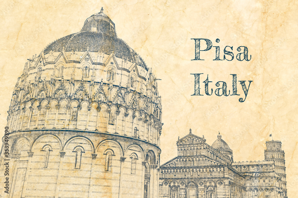 Sticker sketch of monuments of pisa against on old paper