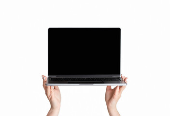 Female hands holding laptop computer with empty screen, isolated on white. Space for website...