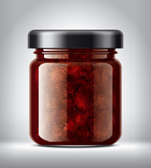 Glass Jar with Strawberry Jam on Background. 
