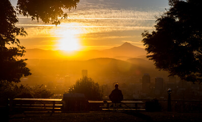 Naklejka na ściany i meble The Sun Rising Over Mount Hood and the city of Downtown Portland, Oregon
