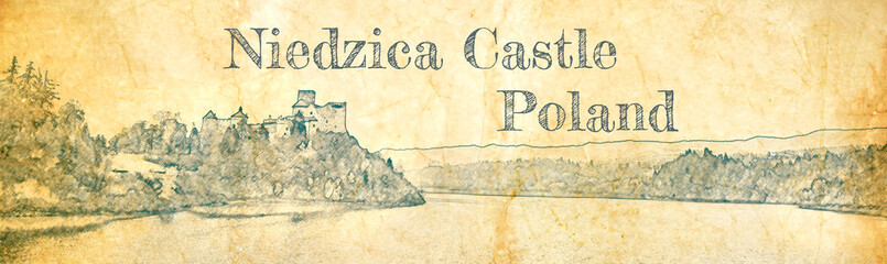 Niedzica castle by lake, sketch on old paper