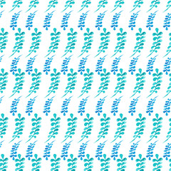 Seamless watercolor pattern leaves branches floral background teal green blue on white