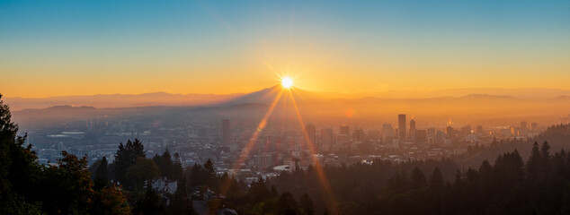Sunrise over Downtown Portland Oregon and Mt Hood