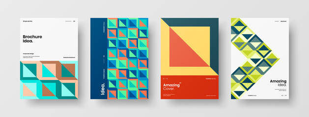 Fototapeta premium Company identity brochure template collection. Business presentation vector A4 vertical orientation front page mock up set. Corporate report cover abstract geometric illustration design layout bundle.