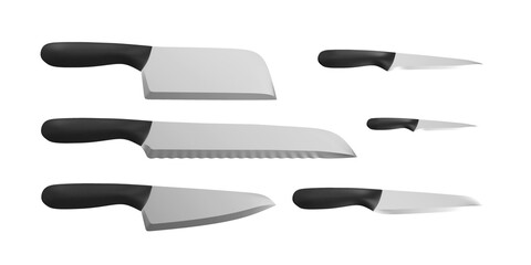 Big Set of different kitchen knifes with black handle and high-strength stainless steel blade isolated on white background